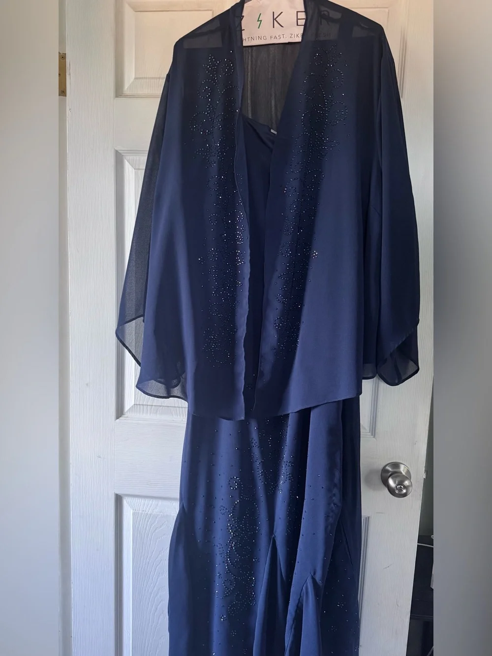 Navy Blue Embellished Evening Dress with Sheer Shawl